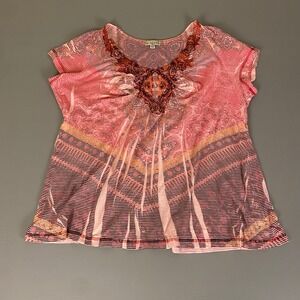 Live and Let Live Women's Blouse Top Plus Size 2X Embellished Pink Rayon Blend